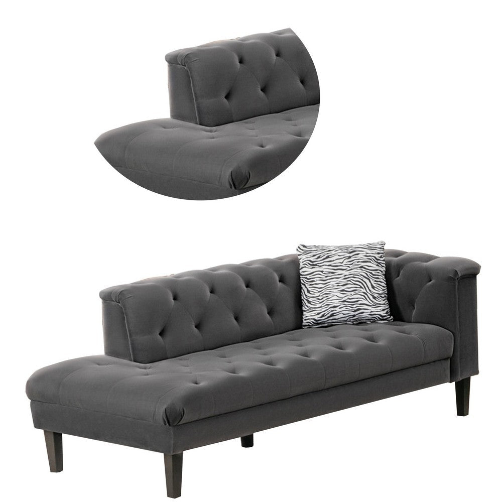 Aki 77 Inch Chaise Lounger with Pillow Deep Button Tufted Gray Velvet By Casagear Home BM286683