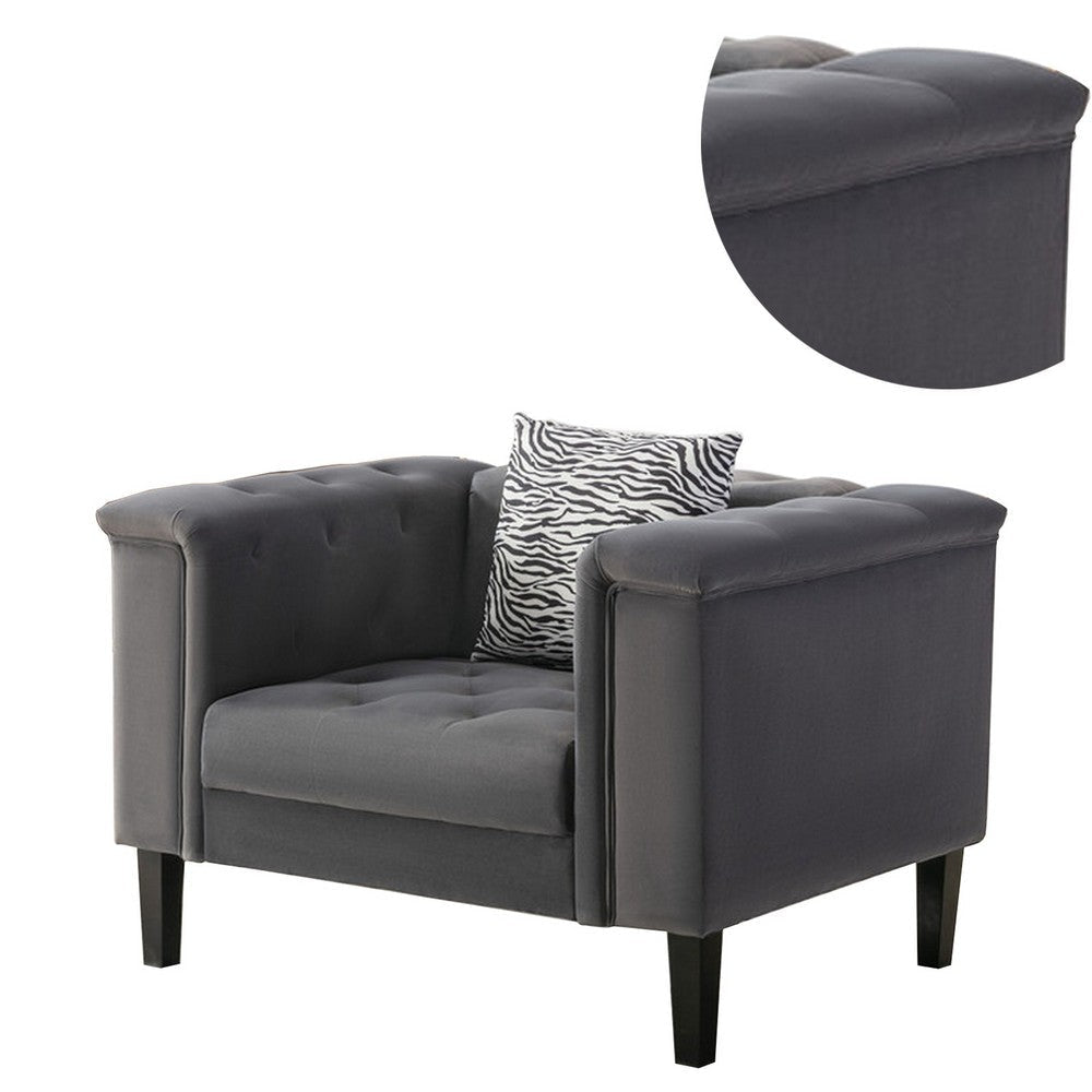 Aki 44 Inch Accent Chair with Pillow Deep Button Tufted Gray Velvet By Casagear Home BM286690