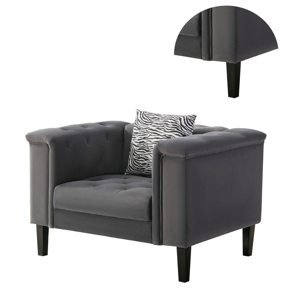 Aki 44 Inch Accent Chair with Pillow Deep Button Tufted Gray Velvet By Casagear Home BM286690