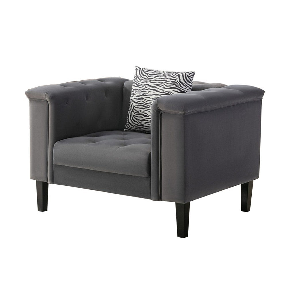 Aki 44 Inch Accent Chair with Pillow, Deep Button Tufted, Gray Velvet By Casagear Home