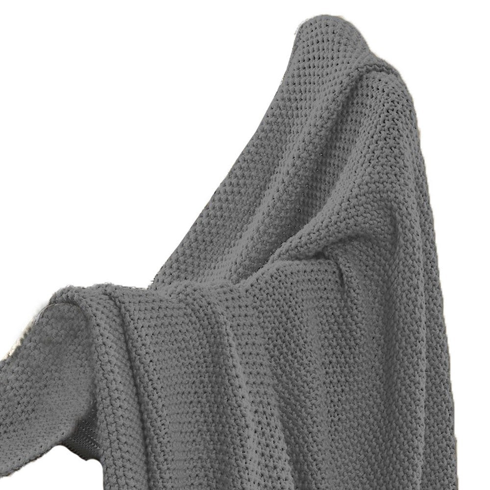 Nick 50 x 70 Soft Throw Blanket Acrylic Knit Pom Pom Accents Stone Gray By Casagear Home BM287530