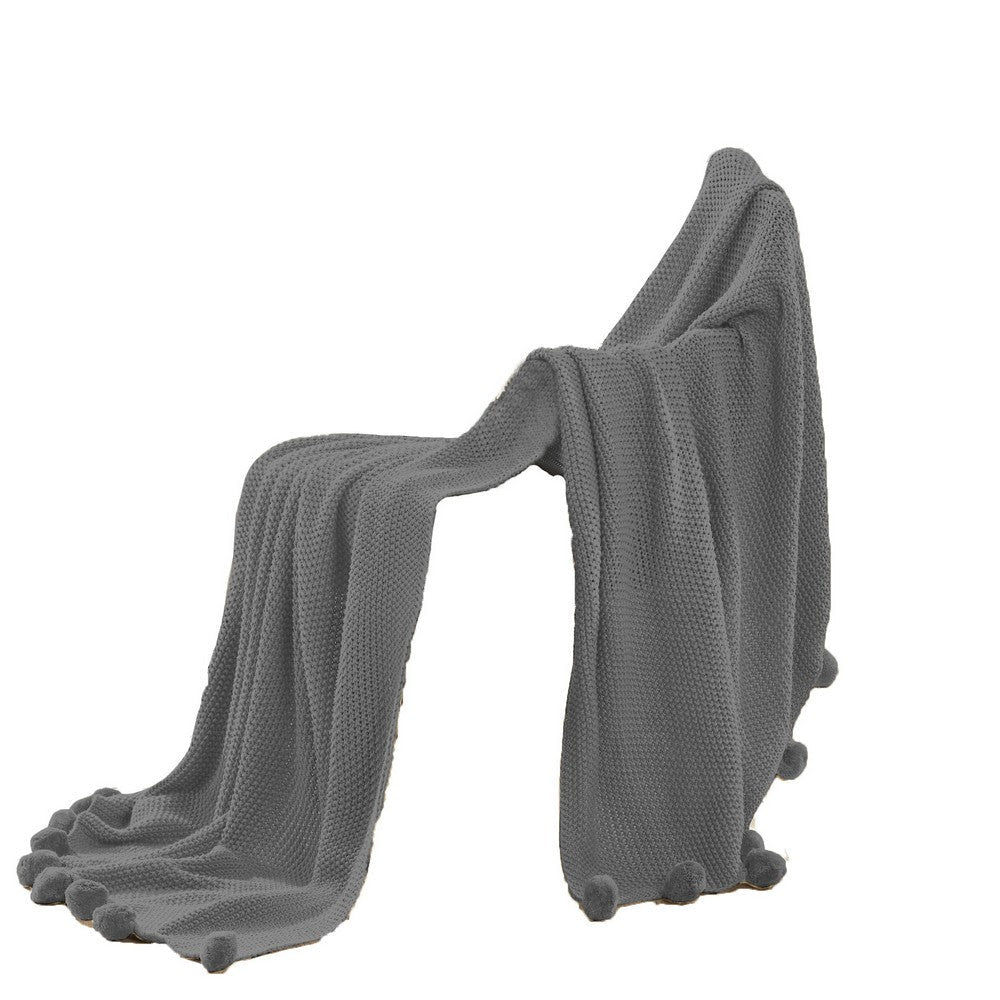 Nick 50 x 70 Soft Throw Blanket, Acrylic Knit, Pom Pom Accents, Stone Gray By Casagear Home