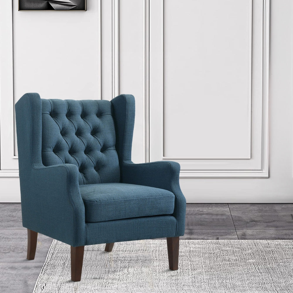 Keva 31 Inch Accent Chair, Deep Button Tufted Wingback, Smooth Blue Fabric By Casagear Home