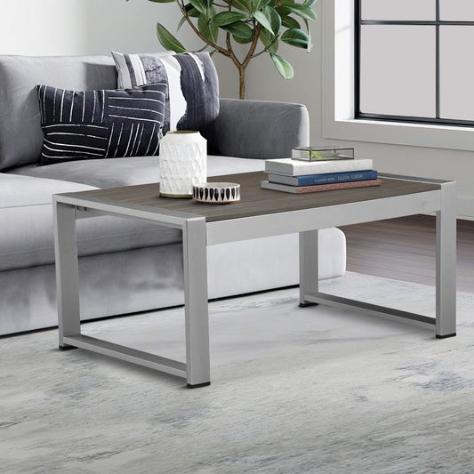 Kili 35 Inch Coffee Table, Polyresin Surface, White Gray Aluminum Frame By Casagear Home