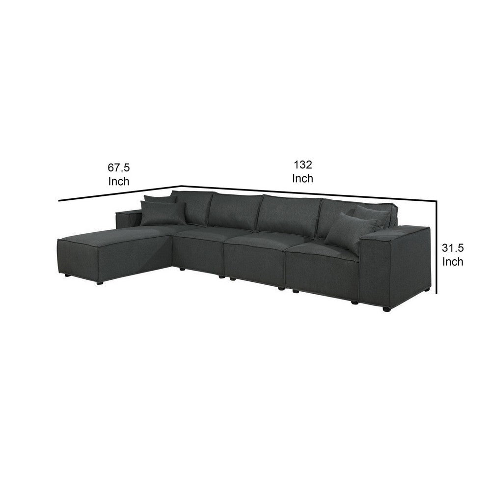 Kode 132 Inch Modular Sofa with Reversible Chaise and Pillows Dark Gray By Casagear Home BM287932