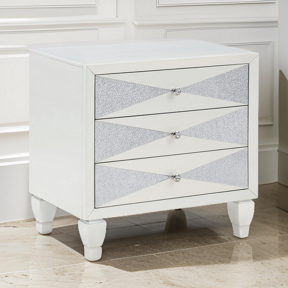 Lexi 28 Inch Modern Nightstand with 3 Drawers, Shimmer Accents, Off White By Casagear Home