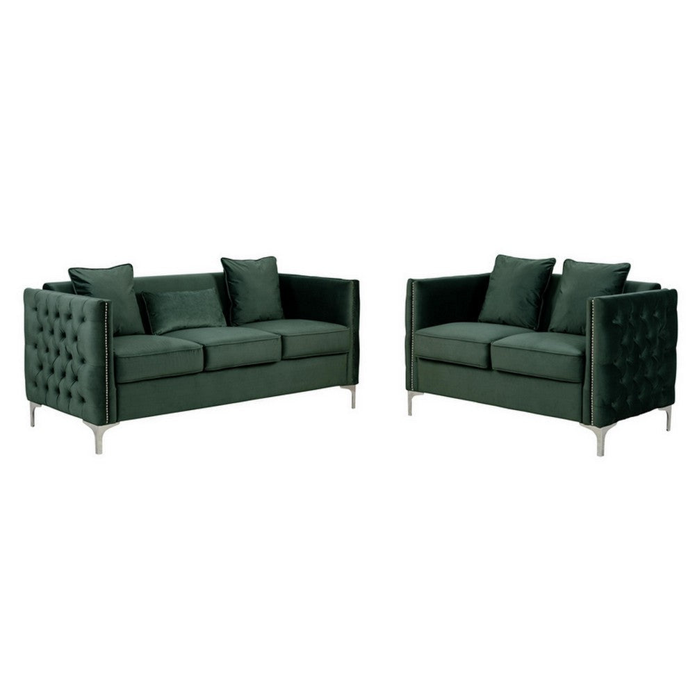 Joel Modern 2 Piece Sofa and Loveseat Living Room Set, Tufted Green Velvet By Casagear Home