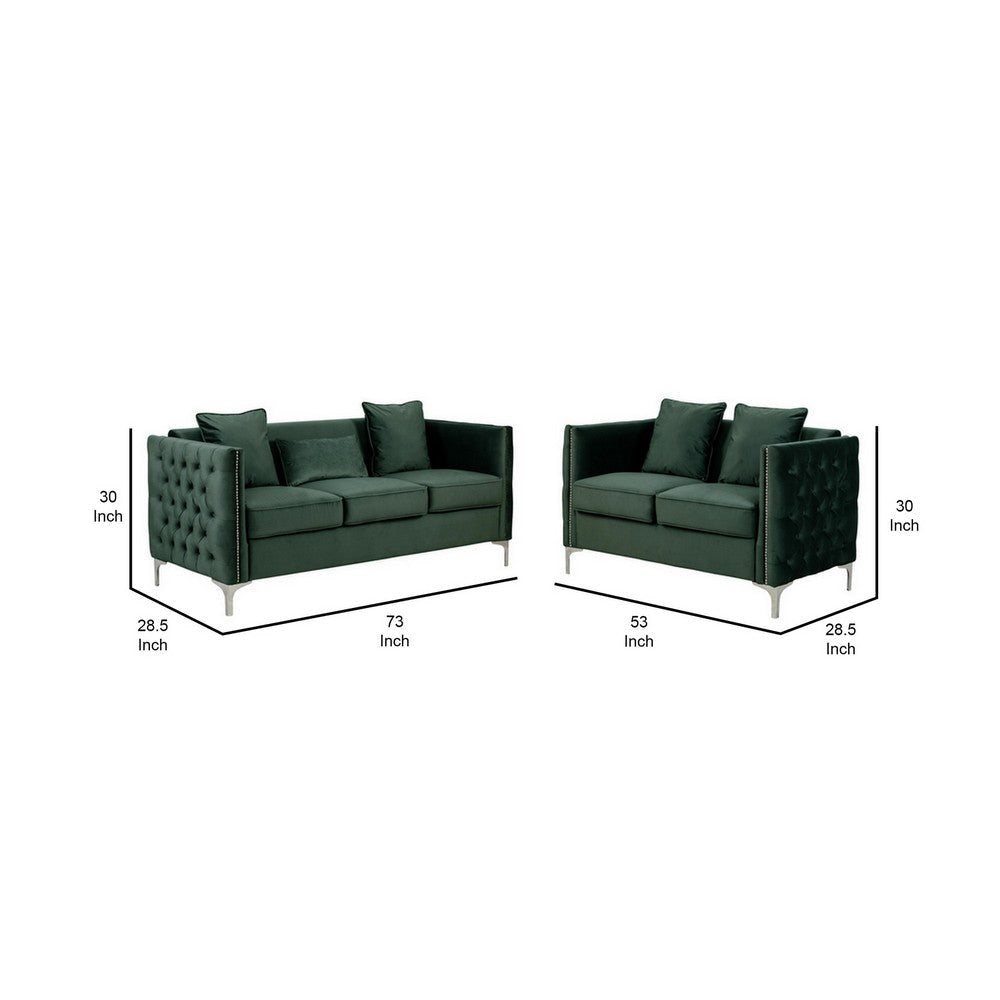 Joel Modern 2 Piece Sofa and Loveseat Living Room Set Tufted Green Velvet By Casagear Home BM293144