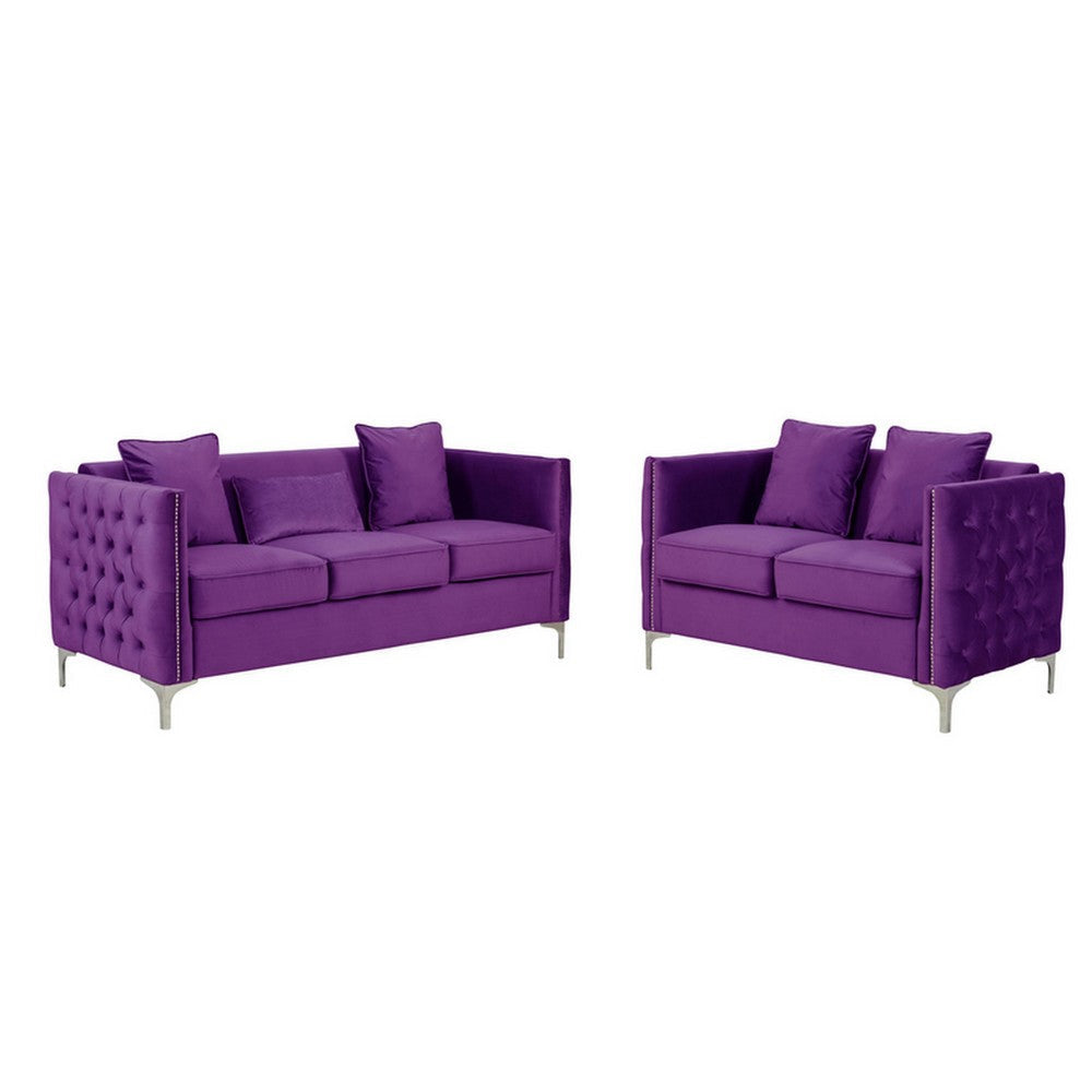 Joel Modern 2 Piece Sofa and Loveseat Living Room Set, Tufted Purple Velvet By Casagear Home