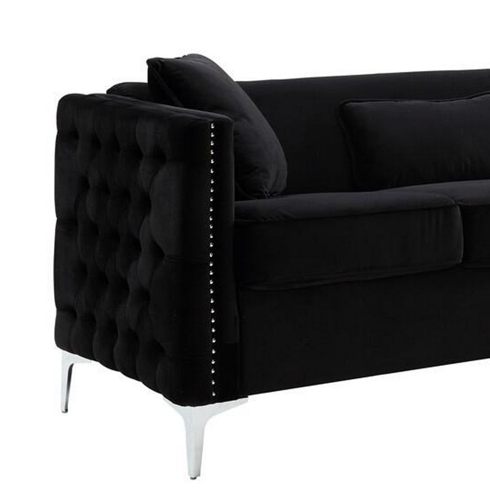 Joel 73 Inch Modern Sofa with 3 Pillows Tufted Black Velvet Silver Legs By Casagear Home BM293149