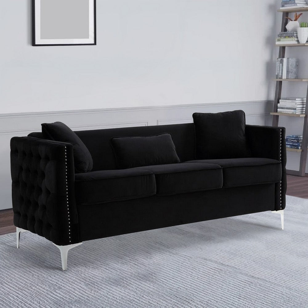 Joel 73 Inch Modern Sofa with 3 Pillows Tufted Black Velvet Silver Legs By Casagear Home BM293149