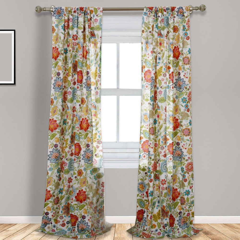 84 Inch Window Panel Curtain Red and Blue Flowers Polyester Back Ties By Casagear Home BM293192