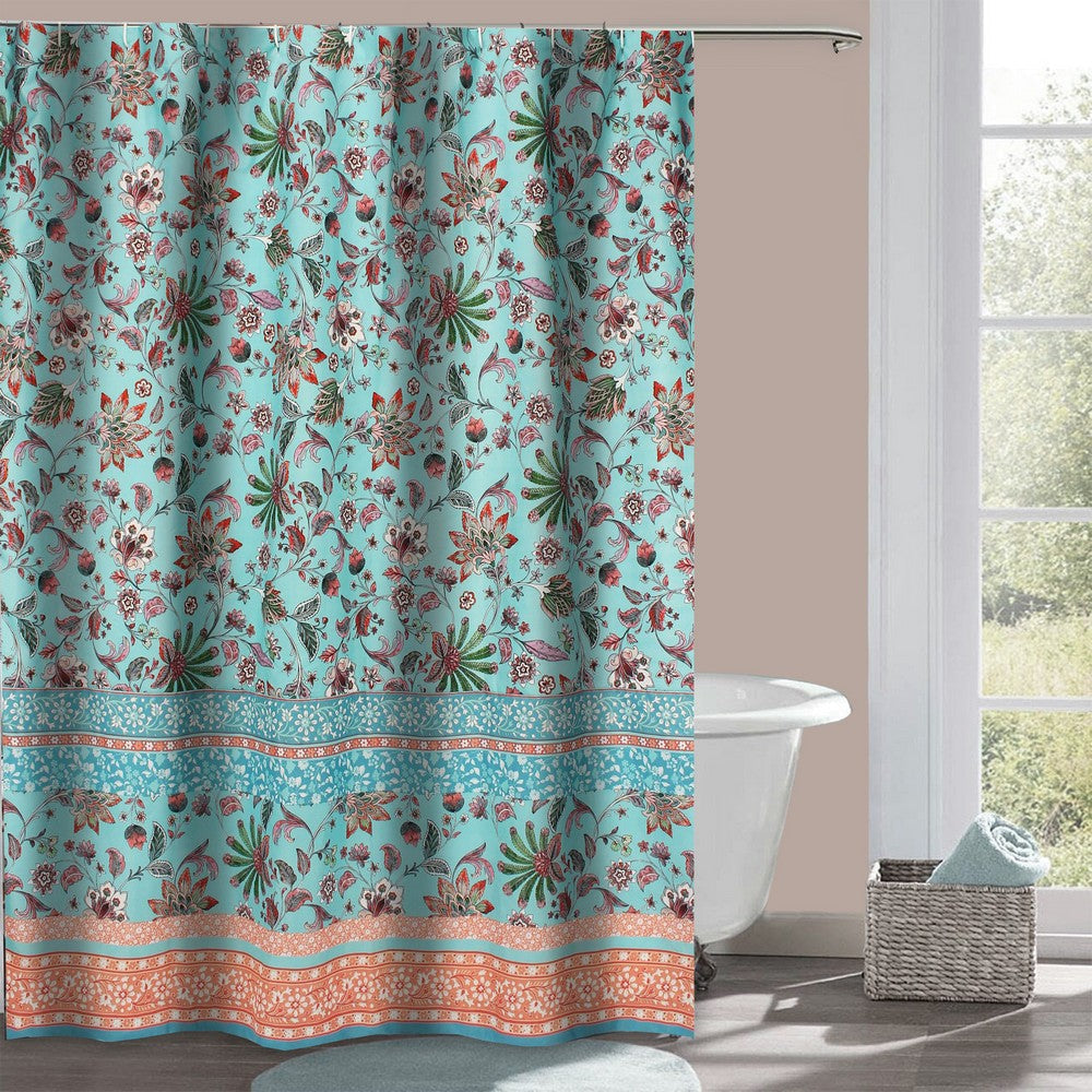 Athens 72 Inch Shower Curtain Blue Microfiber Polyester Jacobean Print By Casagear Home BM293203