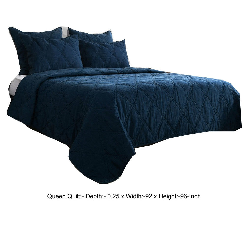 Hara Hand Quilted Flax Linen Quilt Queen Polyester Fill Midnight Blue By Casagear Home BM293221