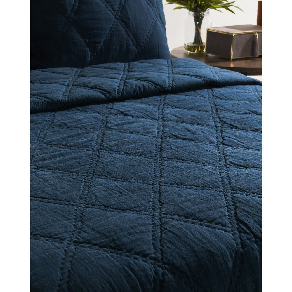 Hara Hand Quilted King Size Flax Linen Quilt with Polyester Fill Dark Blue By Casagear Home BM293222