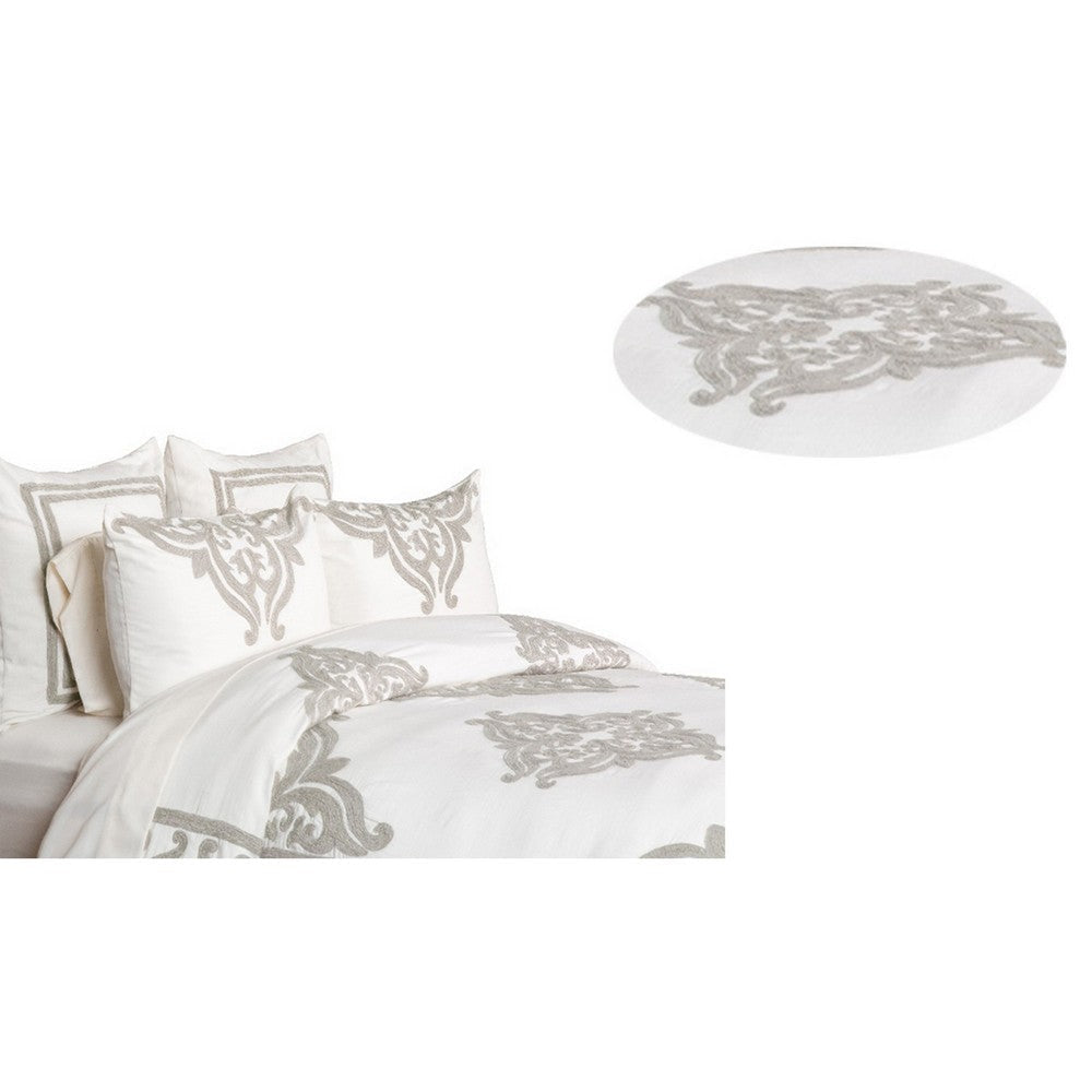 Lenz Queen Size Cotton Duvet Cover with Hand Stitched Damask Embroidery Ivory By Casagear Home BM293240