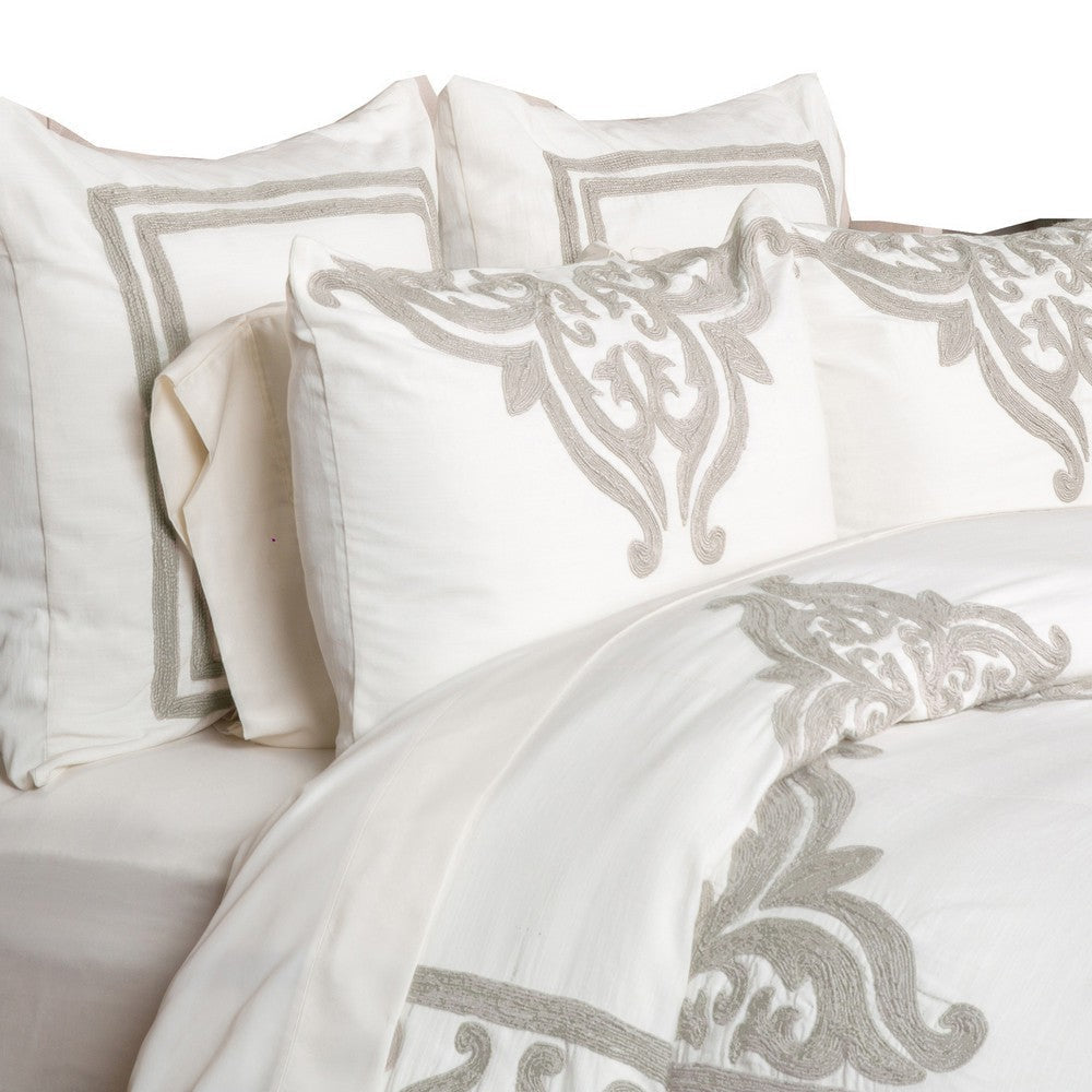 Lenz King Size Cotton Duvet Cover with Hand Stitched Damask Embroidery, Ivory By Casagear Home