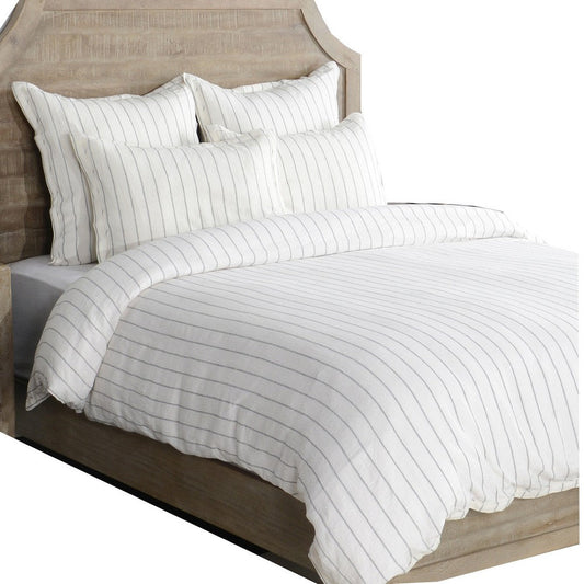 Tara Queen Size Linen Duvet Cover, Stripe Design and Mitered Corners, Ivory By Casagear Home