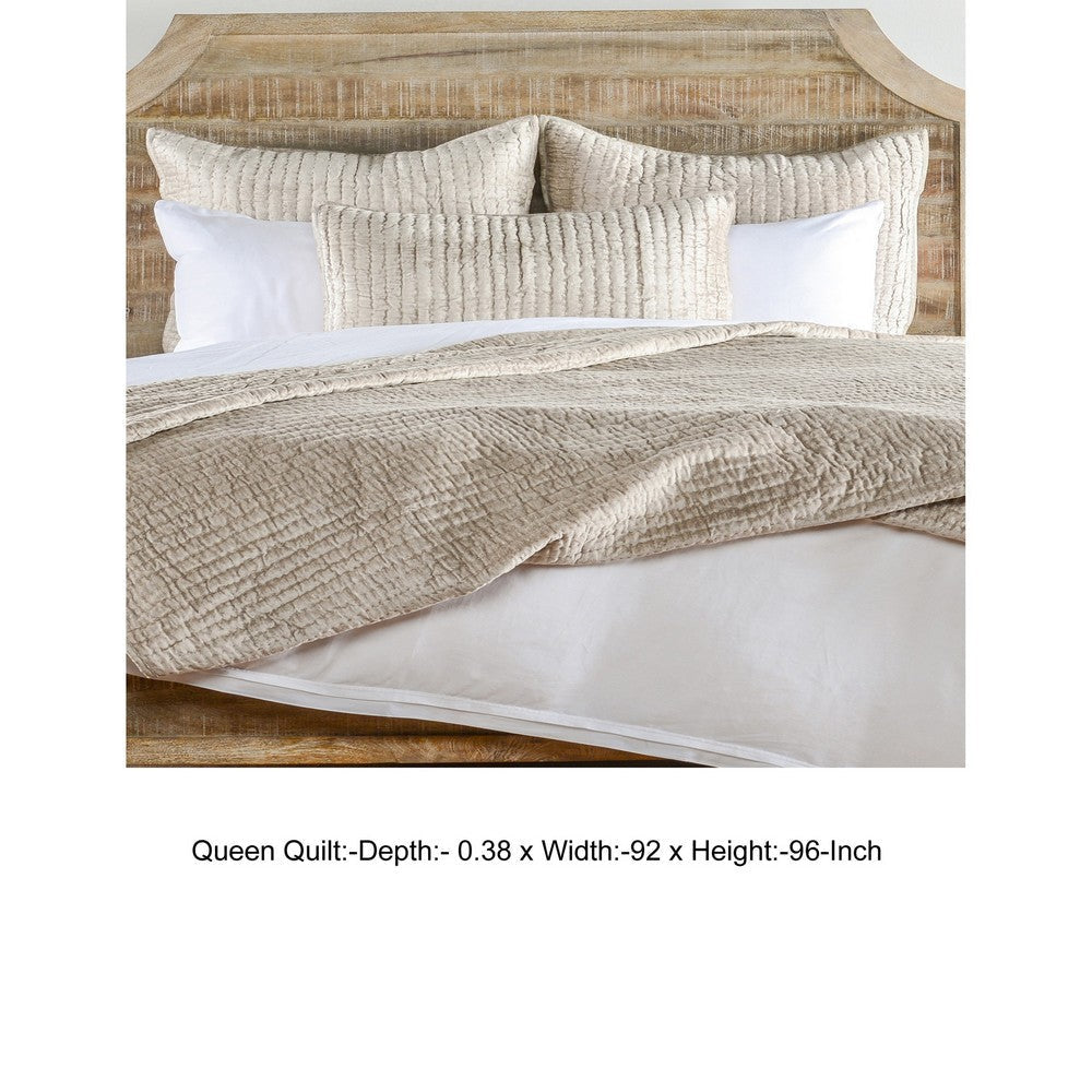 Lipa 92 x 96 Hand Stitched Queen Quilt with Polyfill and Velvet Beige By Casagear Home BM293269