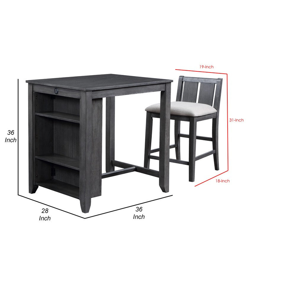 Hia 3 Piece Counter Table Set Cushioned Seats 2 Shelves Smooth Gray By Casagear Home BM293302