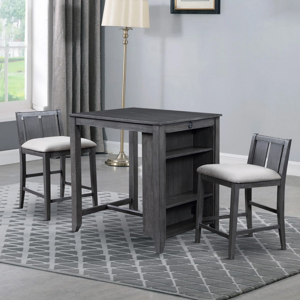 Hia 3 Piece Counter Table Set Cushioned Seats 2 Shelves Smooth Gray By Casagear Home BM293302