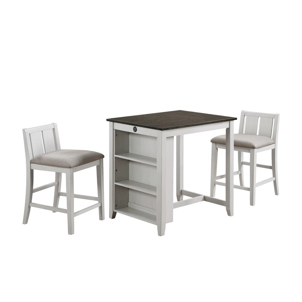 Hia 3 Piece Counter Table Set, Cushioned Seats, 2 Shelves, Crisp White By Casagear Home