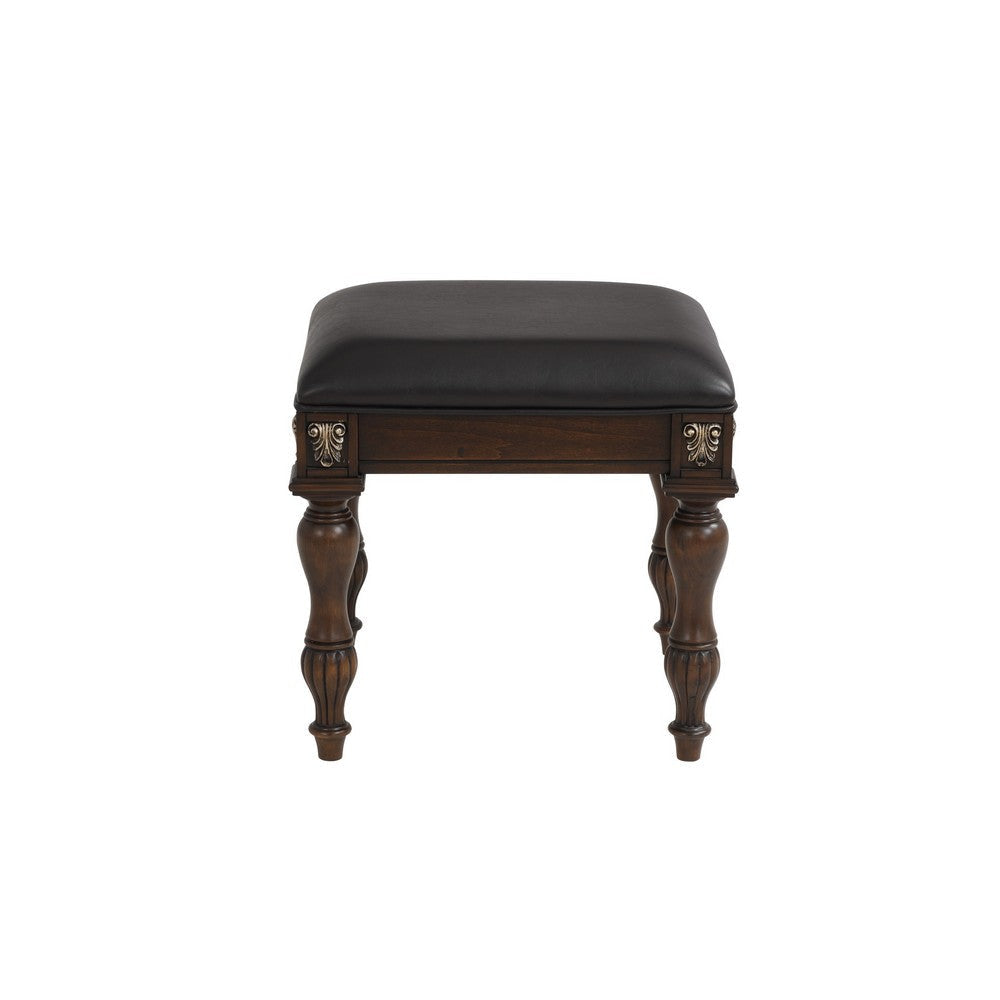 Mady 19 Inch Upholstered Vanity Stool Ornate Trim Deep Espresso Brown By Casagear Home BM293337