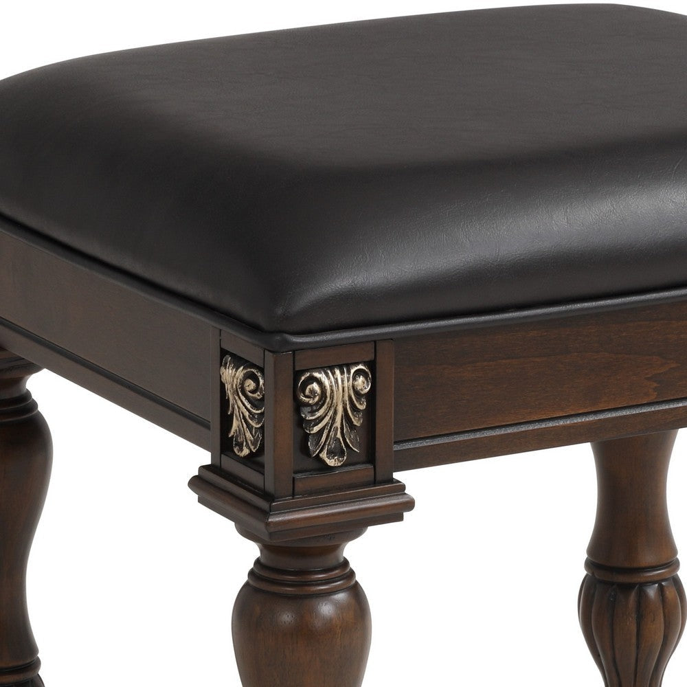 Mady 19 Inch Upholstered Vanity Stool Ornate Trim Deep Espresso Brown By Casagear Home BM293337