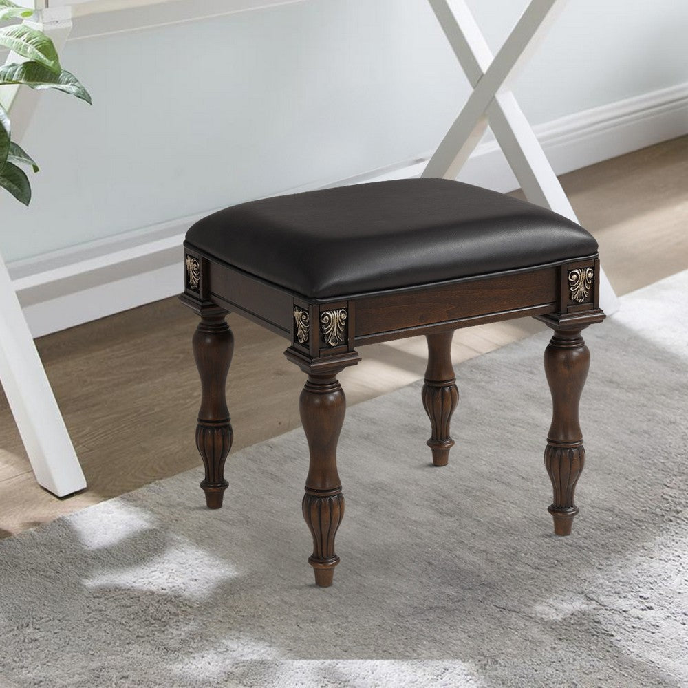 Mady 19 Inch Upholstered Vanity Stool Ornate Trim Deep Espresso Brown By Casagear Home BM293337