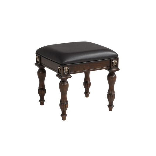 Mady 19 Inch Upholstered Vanity Stool, Ornate Trim, Deep Espresso Brown By Casagear Home