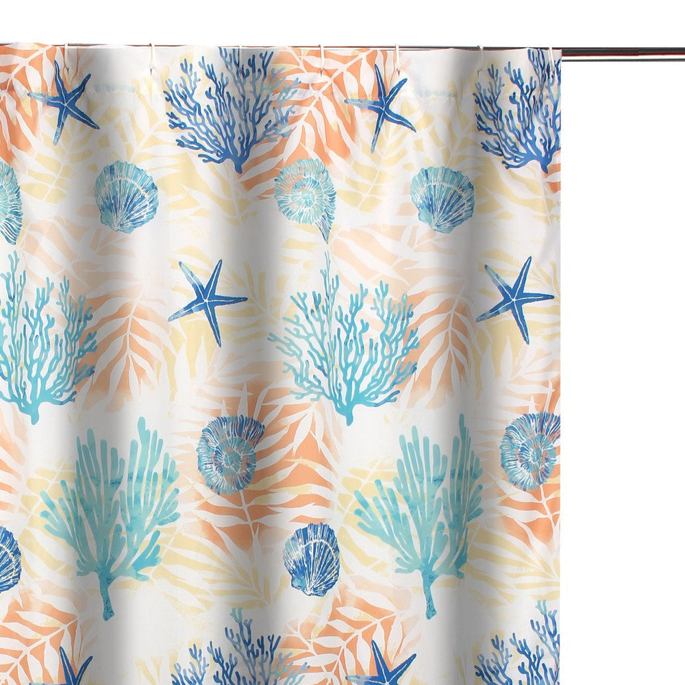 Geo 72 Inch Shower Curtain White Blue Polyester Seashells and Ferns Print By Casagear Home BM293438