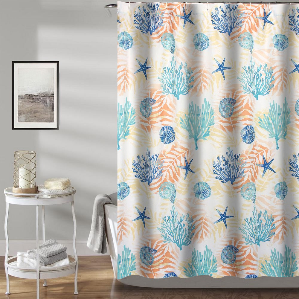 Geo 72 Inch Shower Curtain White Blue Polyester Seashells and Ferns Print By Casagear Home BM293438