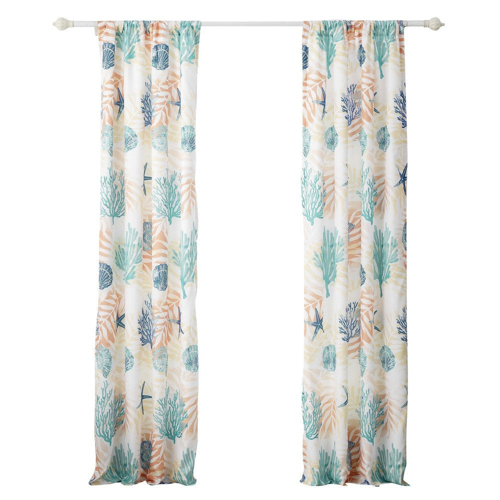 Geo 84 Inch Window Curtains, White Blue Polyester, Seashells Ferns Print By Casagear Home