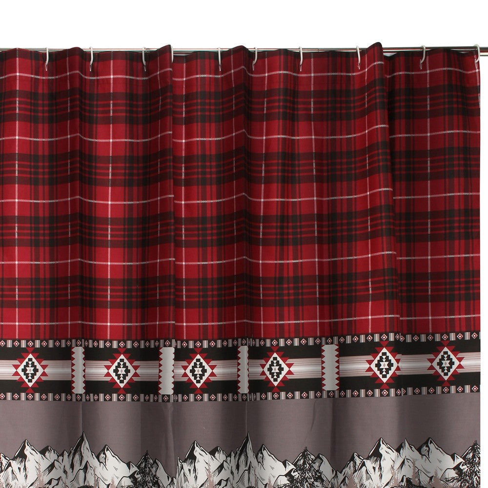 Sofia 72 Inch Bear Shower Curtain Red and Black Plaid Poly Microfiber By Casagear Home BM293440