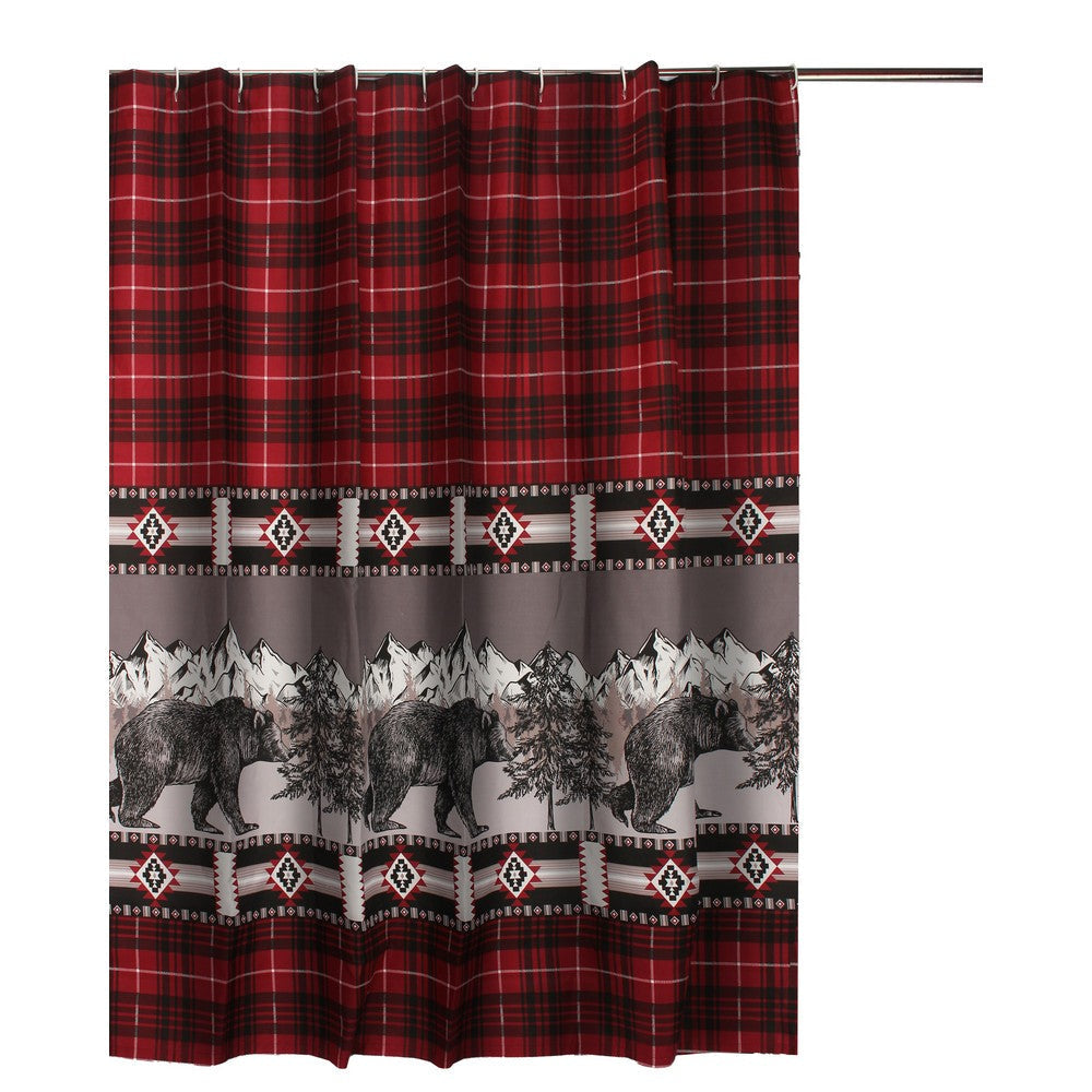 Sofia 72 Inch Bear Shower Curtain, Red and Black Plaid, Poly Microfiber By Casagear Home