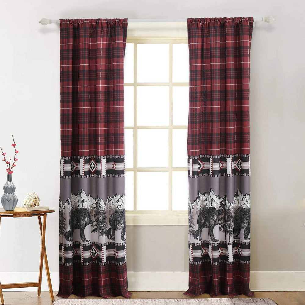 Sofia 84 Inch Bear Panel Curtains Poly Microfiber Red and Black Plaid By Casagear Home BM293445