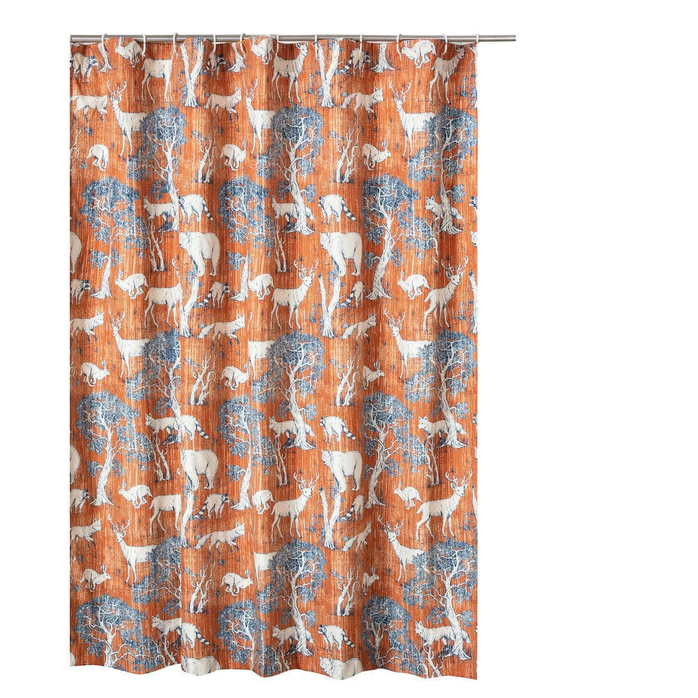 Gin 72 Inch Shower Curtain, Fun Deer and Bears Print, Orange Microfiber By Casagear Home