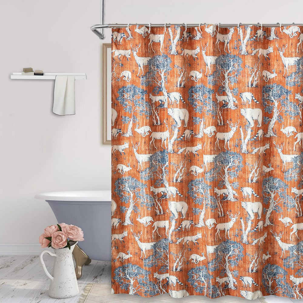 Gin 72 Inch Shower Curtain Fun Deer and Bears Print Orange Microfiber By Casagear Home BM293452