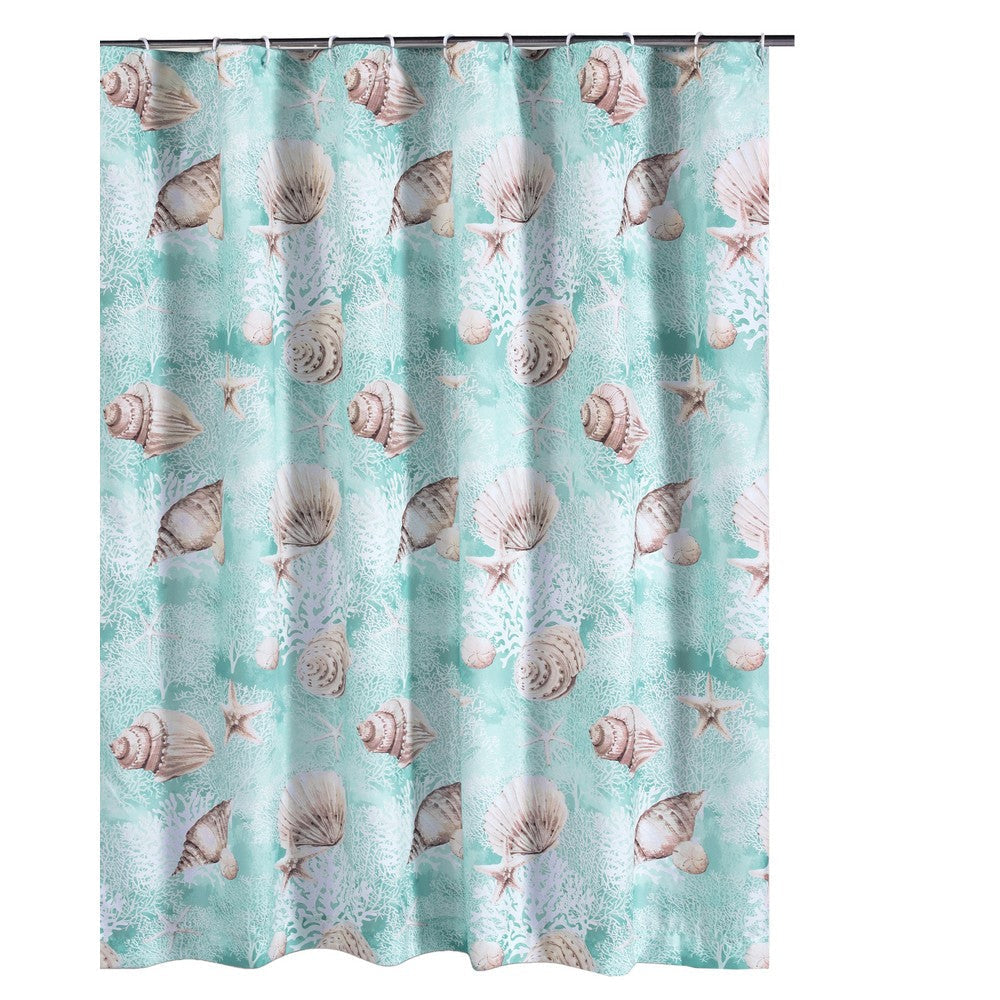 Logan 72 Inch Shower Curtain, Coastal Light Blue Conch Shells Print By Casagear Home