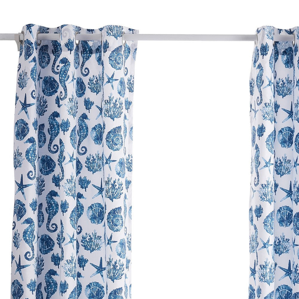 Riga 84 Inch Window Curtains Blue Seashells Print Microfiber Rod Pockets By Casagear Home BM293484