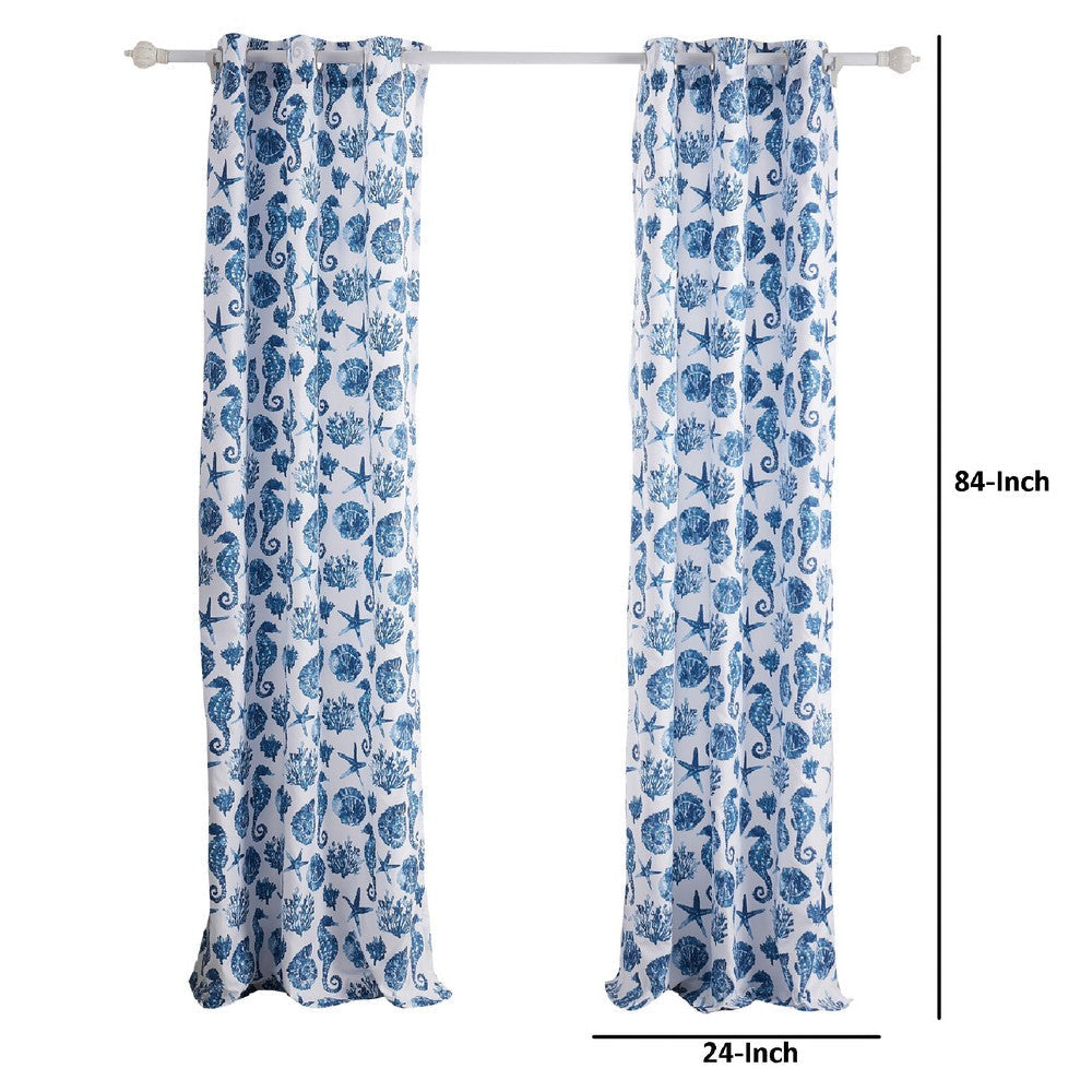 Riga 84 Inch Window Curtains Blue Seashells Print Microfiber Rod Pockets By Casagear Home BM293484