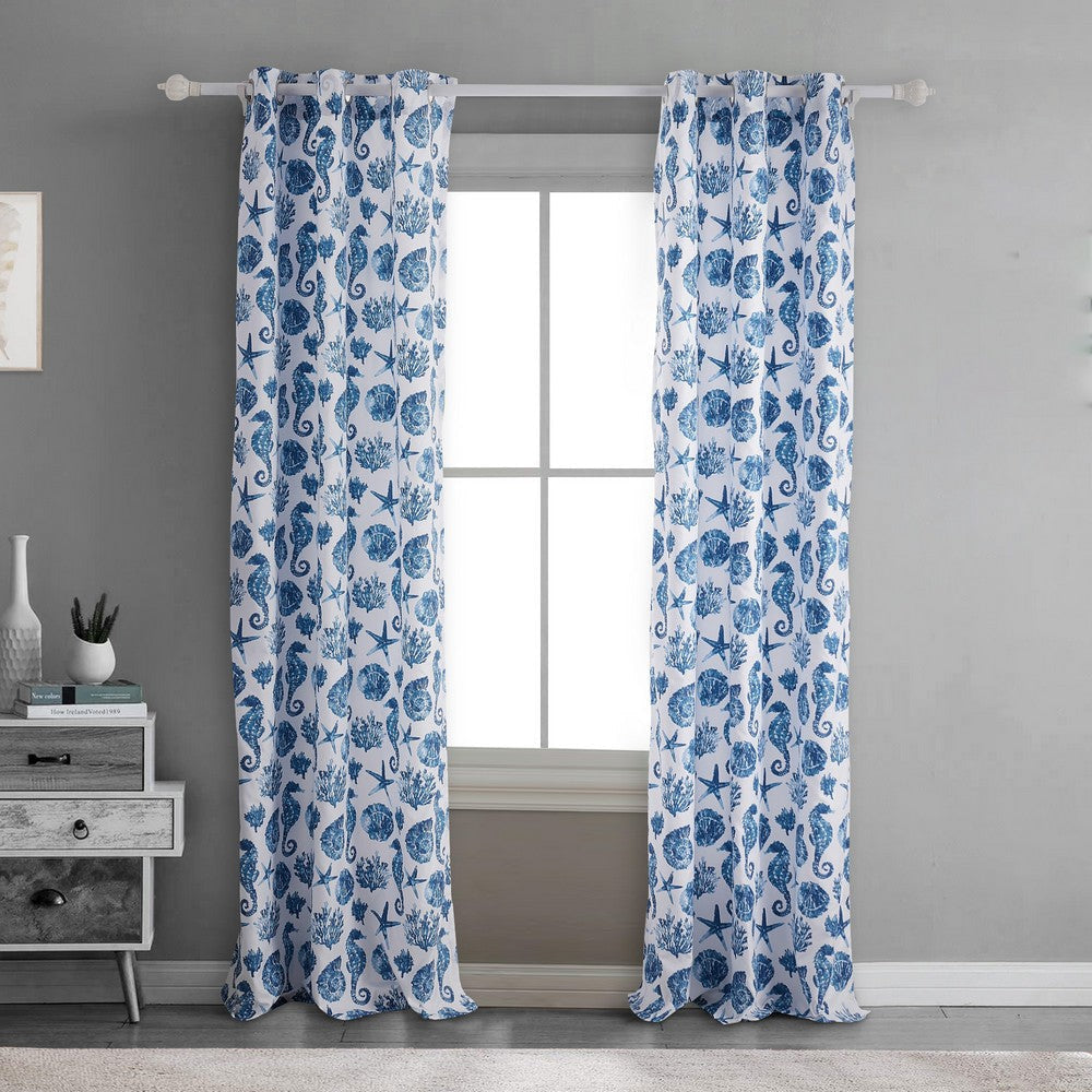 Riga 84 Inch Window Curtains Blue Seashells Print Microfiber Rod Pockets By Casagear Home BM293484