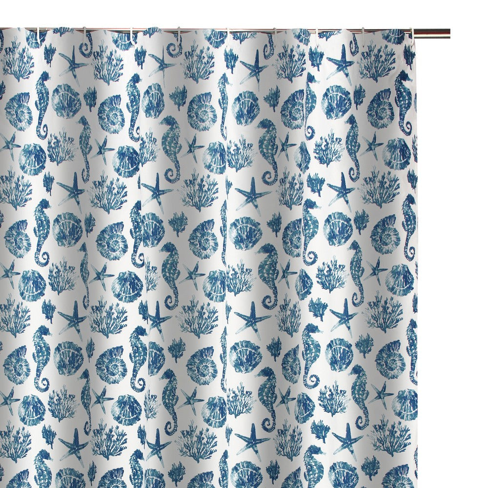 Riga 72 Inch Shower Curtain Blue Seashells Print Button Holes Microfiber By Casagear Home BM293486