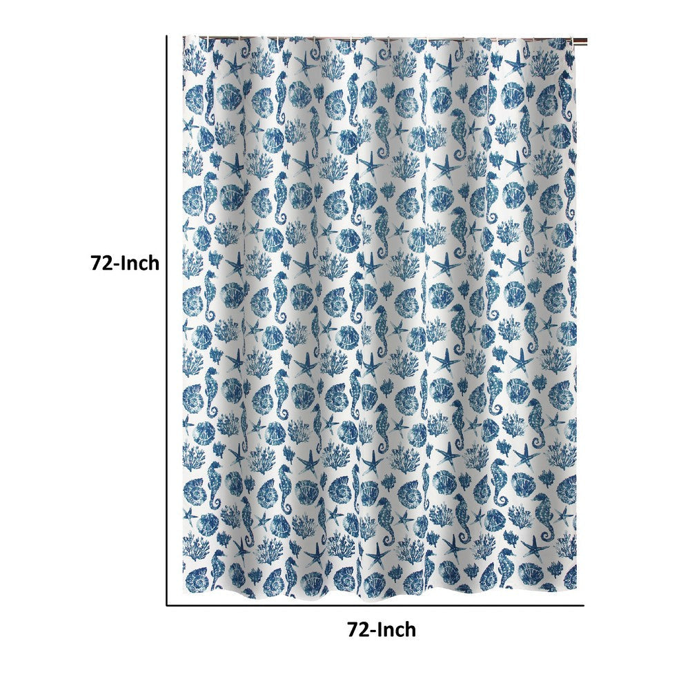 Riga 72 Inch Shower Curtain Blue Seashells Print Button Holes Microfiber By Casagear Home BM293486