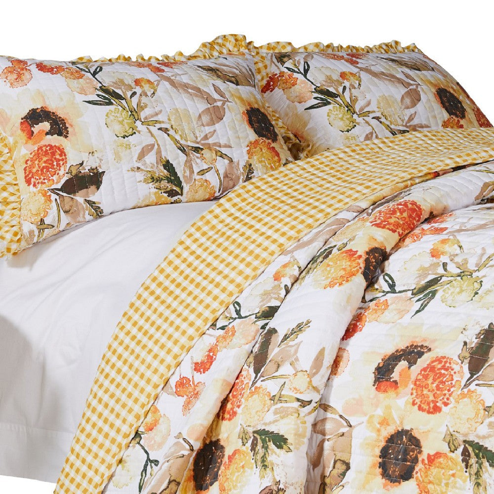 Kelsa 3 Piece Queen Quilt Set with 2 Pillow Shams and Cotton Fill Gold By Casagear Home BM293494