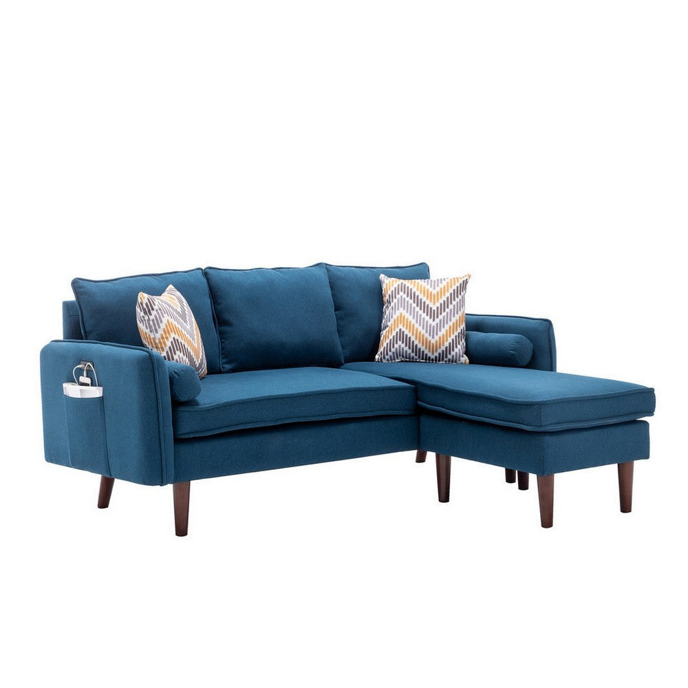 Ranon 70 Inch Sectional Chaise Sofa, Pillows, USB Ports, Side Pockets, Blue By Casagear Home