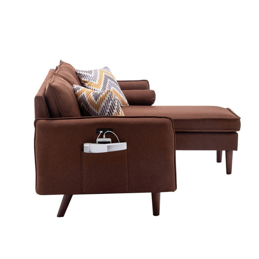 Ranon 70 Inch Sectional Chaise Sofa Pillows USB Ports Side Pockets Brown By Casagear Home BM293946