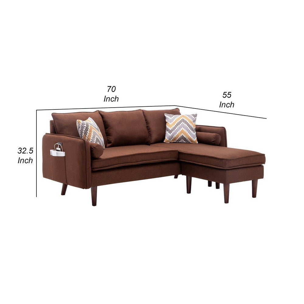 Ranon 70 Inch Sectional Chaise Sofa Pillows USB Ports Side Pockets Brown By Casagear Home BM293946