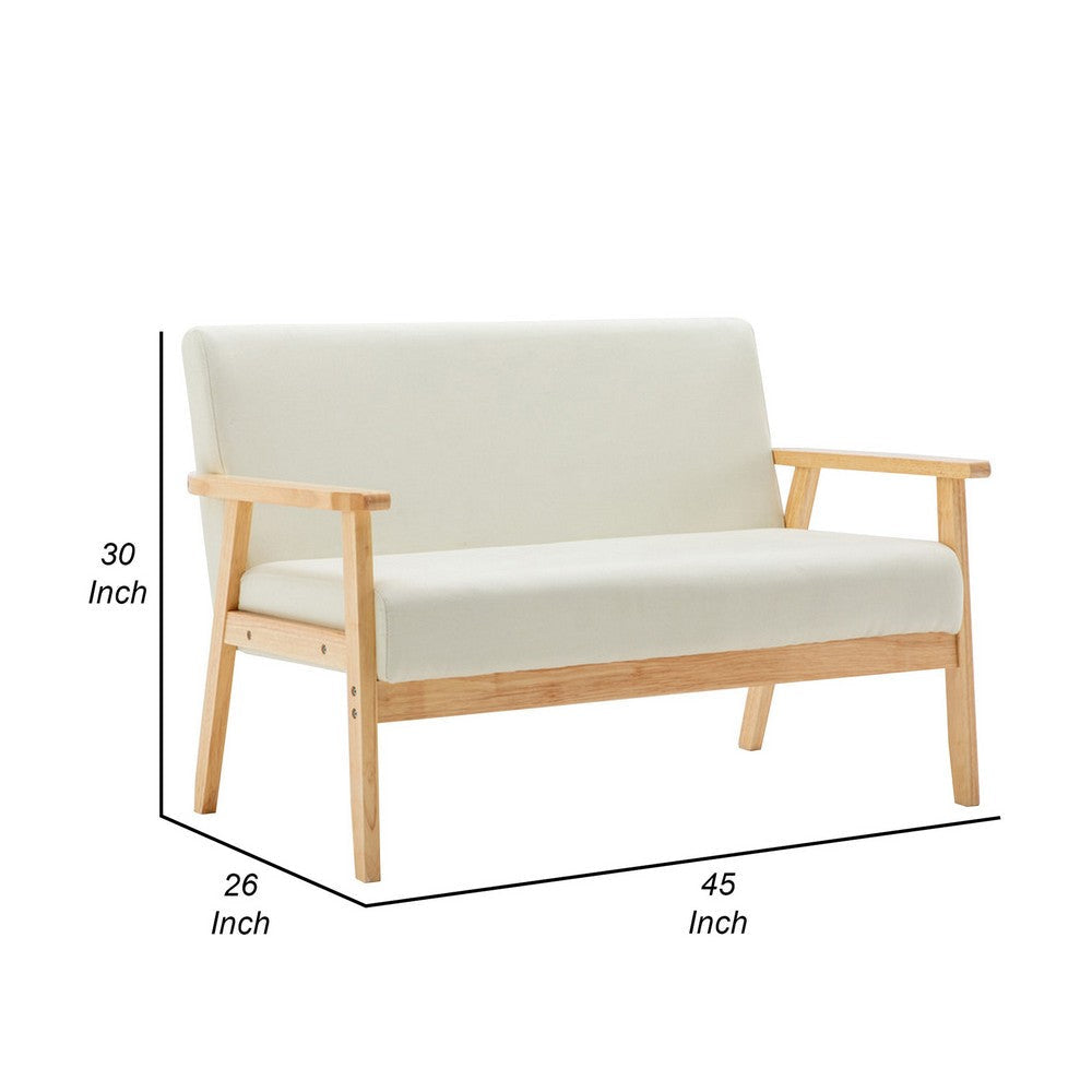 Gala 45 Inch Modern Loveseat Bench Ivory Fabric Natural Brown Wood Frame By Casagear Home BM293960