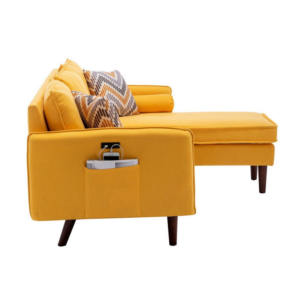 Ranon 70 Inch Sectional Chaise Sofa Pillows USB Ports Pockets Yellow By Casagear Home BM293961